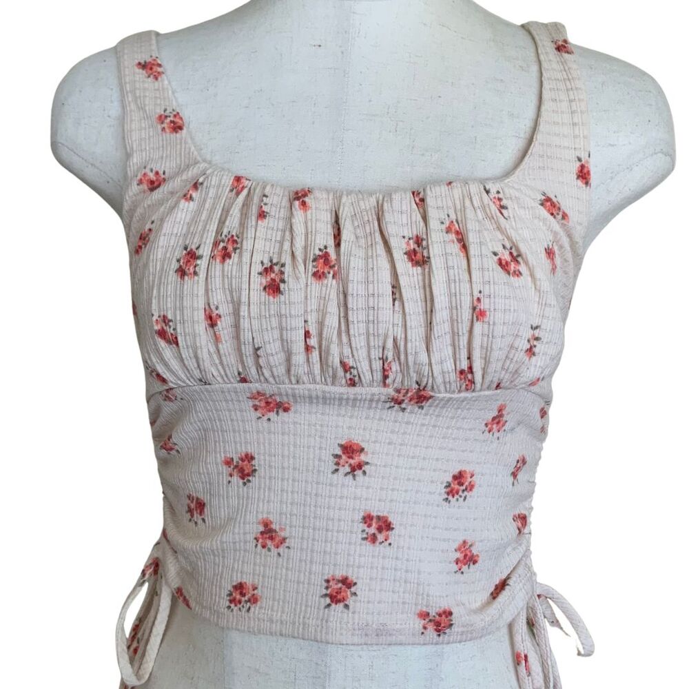 Audrey 3+1 Women’s Floral Pleated Tank Top Size S Cream Red Sleeveless